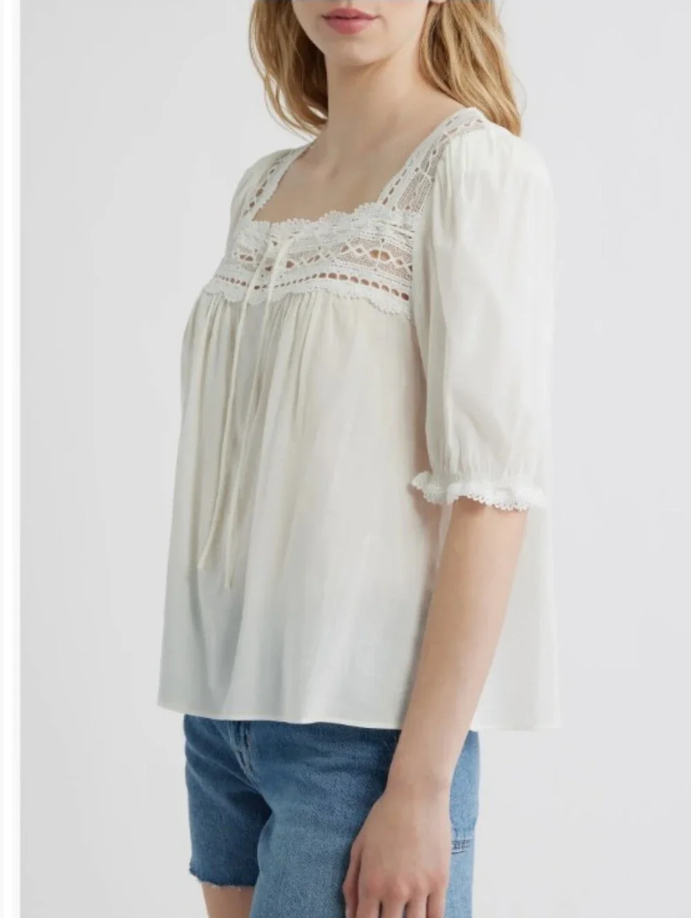 Reformation Wildflower Lace Trim Puff Sleeve Organic Cotton Blend Top Size 12